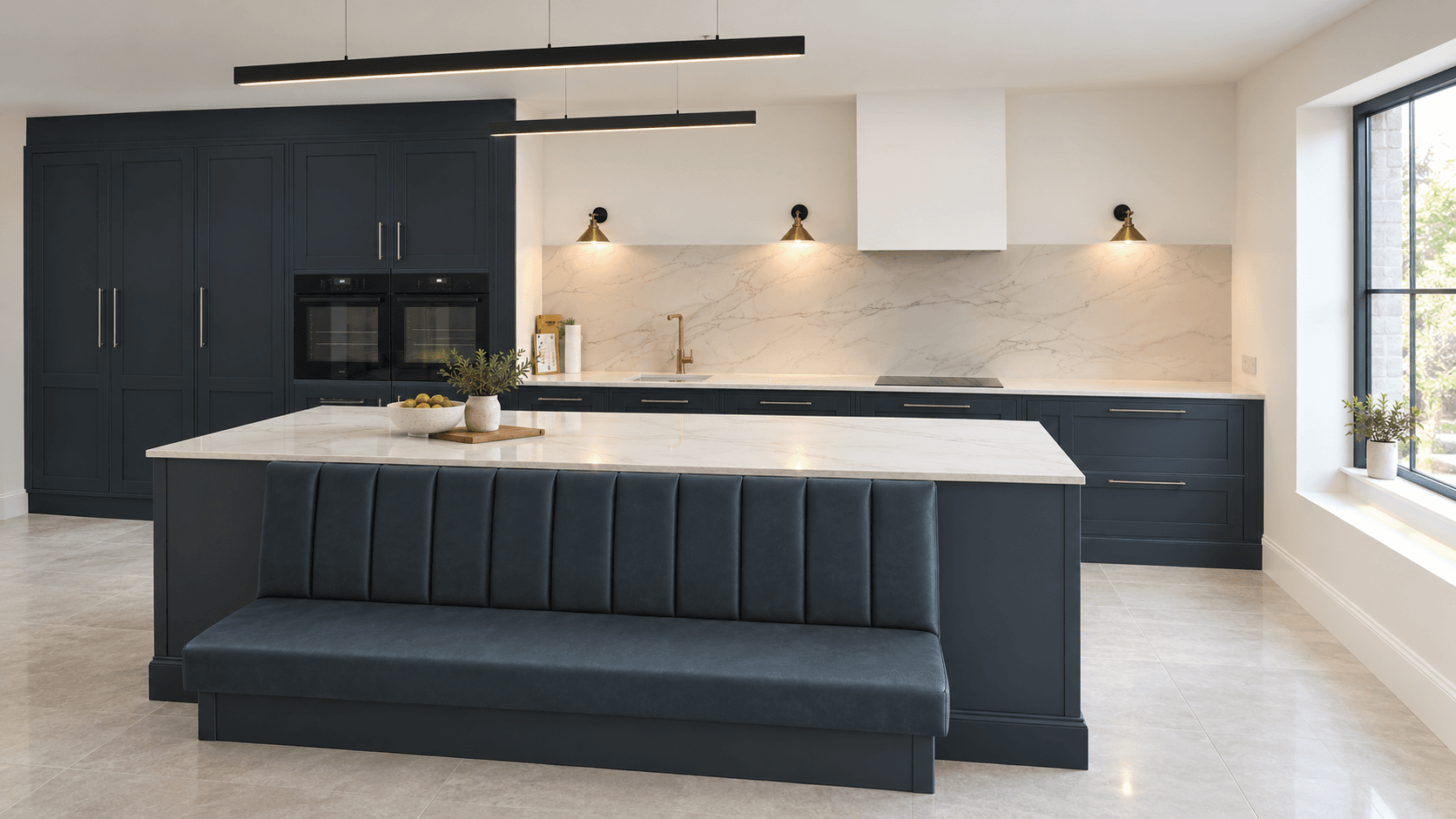 Navy shaker kitchen with a marble island, upholstered banquette seating and brass wall lights, designed by Kitchens by Caoimhe in Warrenpoint