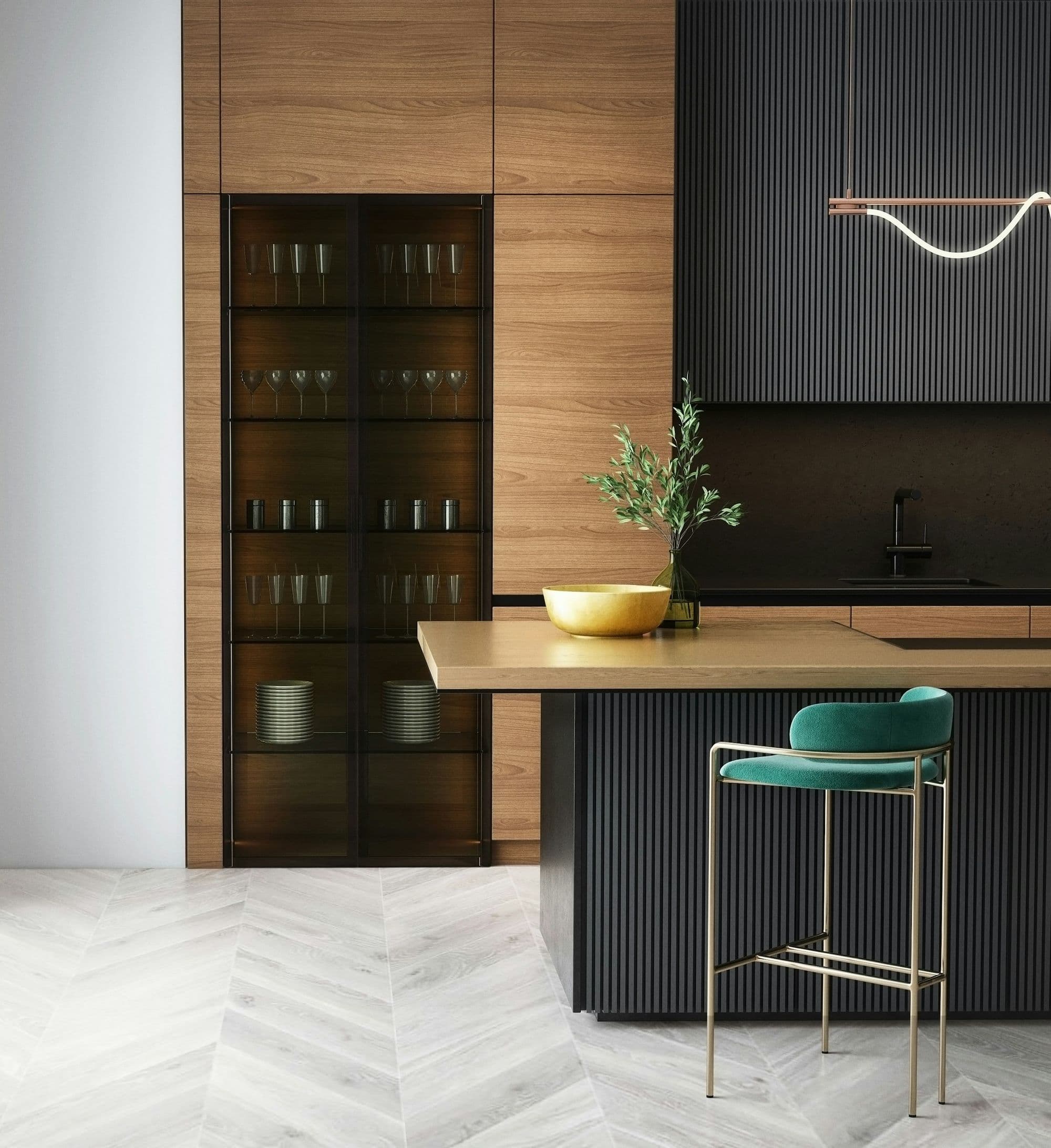 Dark handleless cabinetry with an oak breakfast bar and slim pendant light
